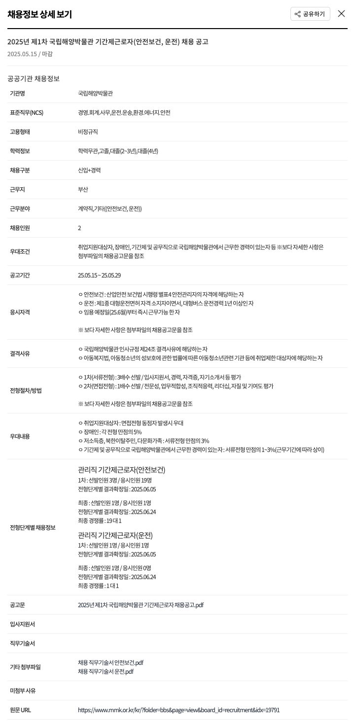 국립해양박물관 2025년 제1차 국립 해양 박물관 기간제 근로자(안전보건, 운전) 채용 공고 채용공고