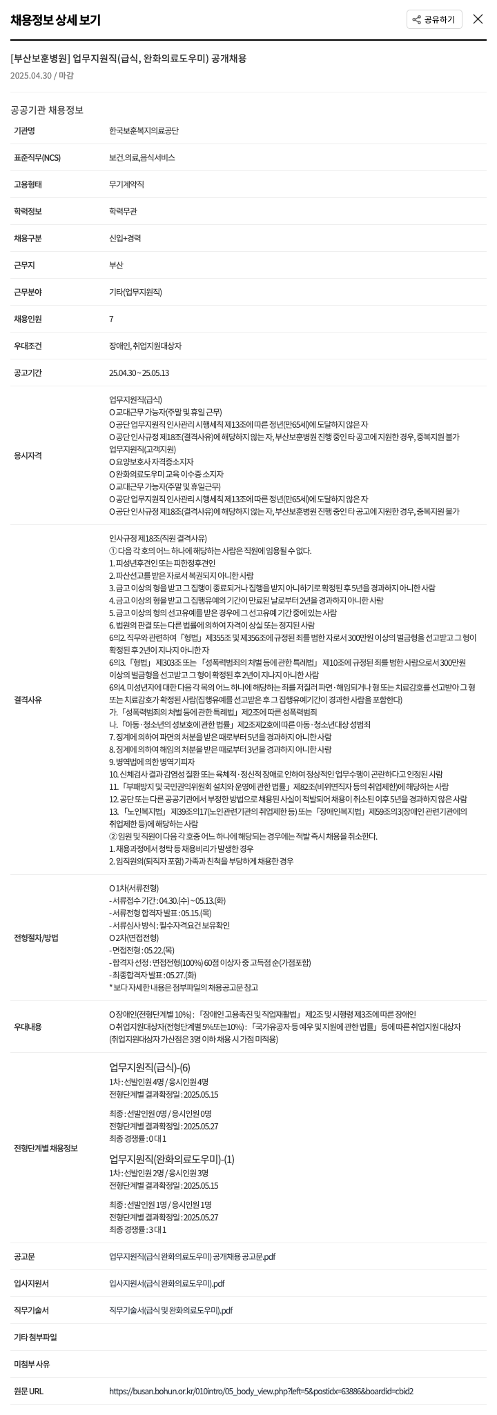 한국보훈복지의료공단 [부산 보훈 병원] 업무 지원직(급식, 완화 의료 도우미) 공개 채용 채용공고