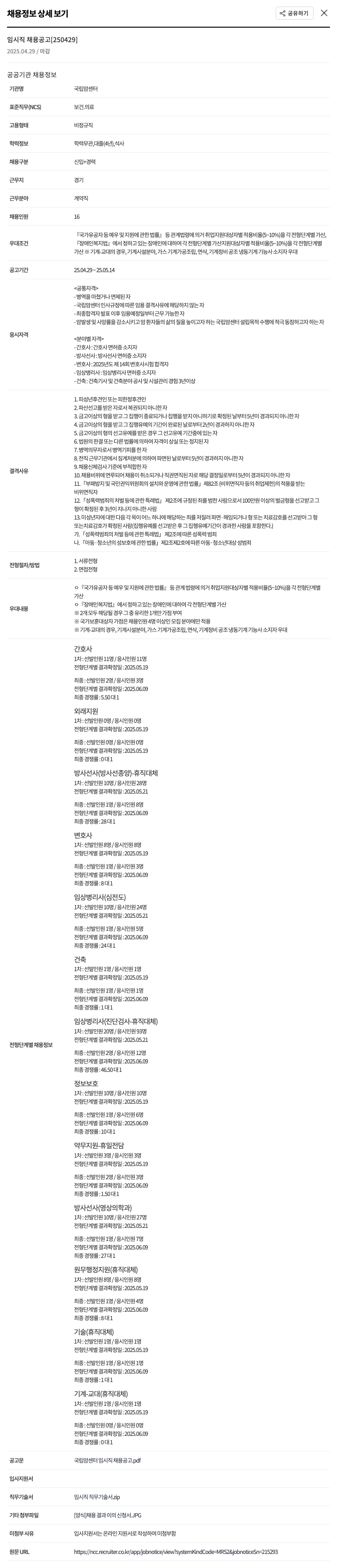 국립암센터 임시직 채용 공고 [250429] 채용공고