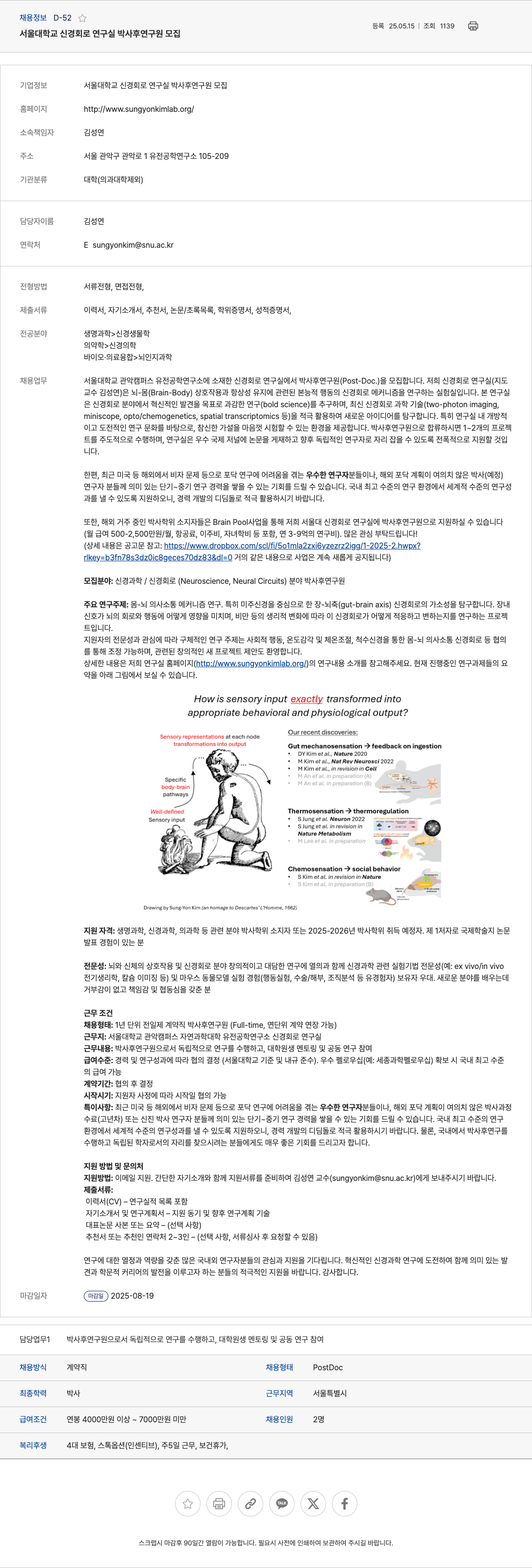 서울대학교 서울대학교 신경회로연구실 박사후 연구원 모집 채용공고