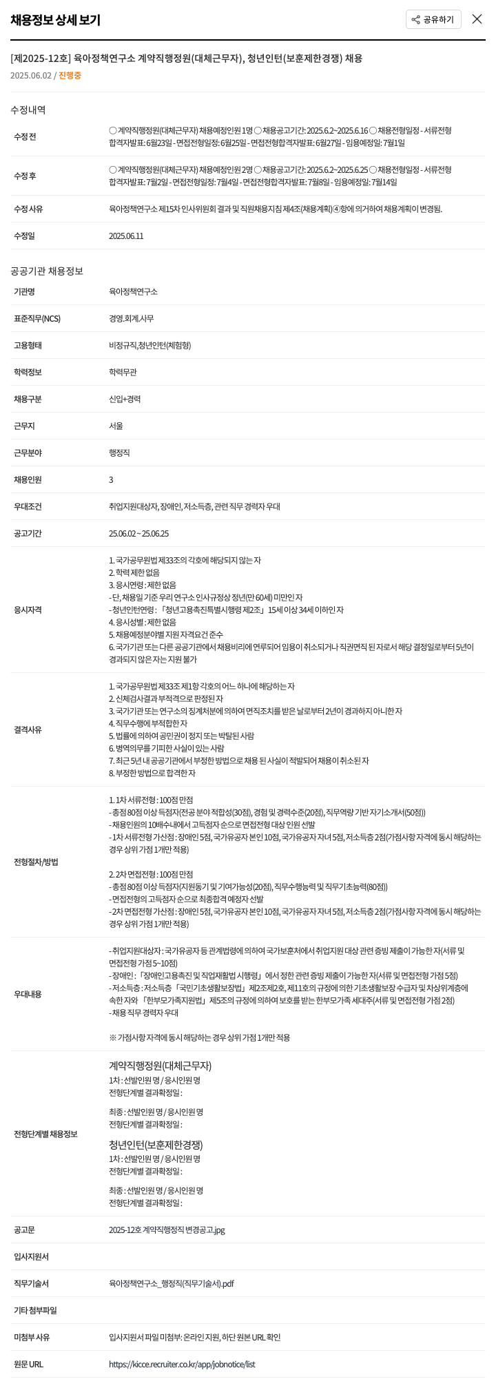 육아정책연구소 [제2025-12호] 육아정책연구소 계약직 행정원(대체근무자), 청년인턴(보훈 제한경쟁) 채용 채용공고