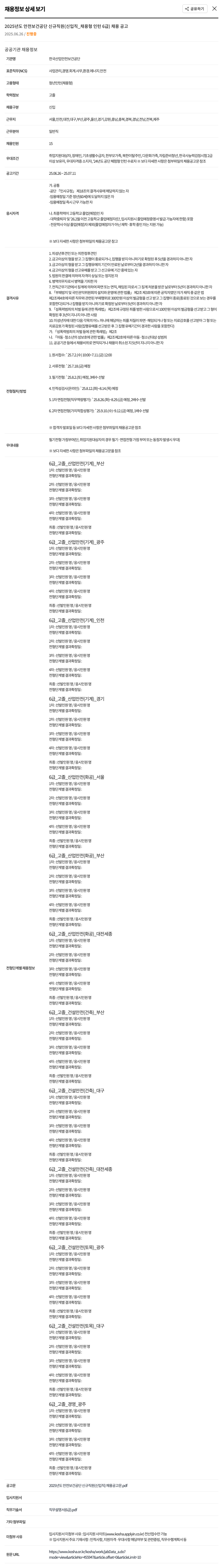 한국산업안전보건공단 2025년도 안전보건공단 신규 직원(신입직_채용형 인턴 6급) 채용 공고 채용공고