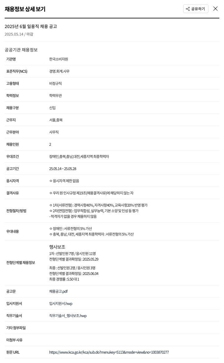 한국소비자원 2025년 6월 일용직 채용 공고 채용공고