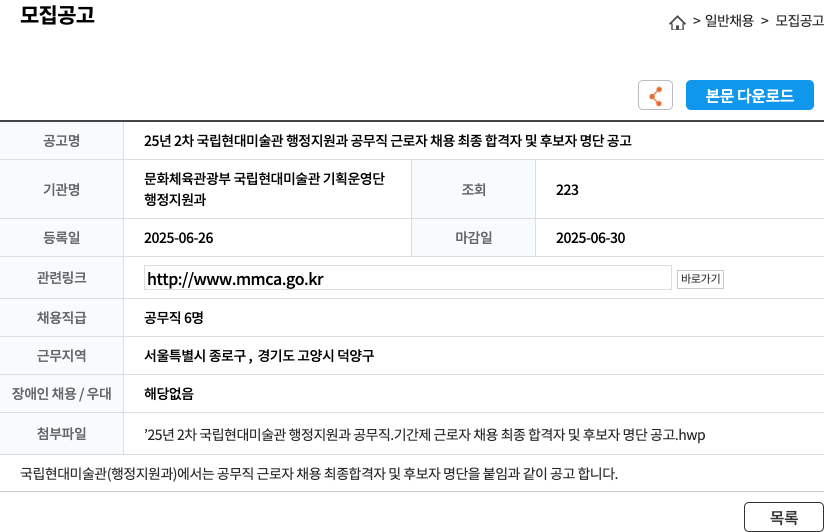 국립현대미술관 25년 2차 국립현대미술관 행정지원과 공무직 근로자 채용 최종 합격자 및 후보자 명단 공고 채용공고