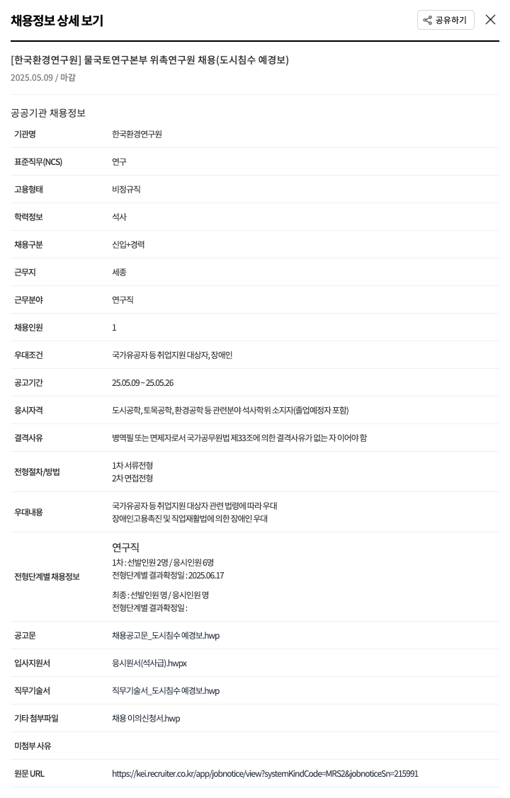 한국환경연구원 물국토연구본부 위촉연구원 채용 (도시 침수 예경보) 채용공고