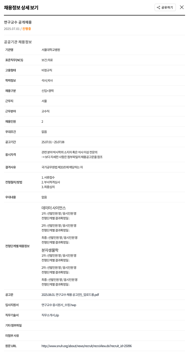 서울대학교병원 연구 교수 공개 채용 채용공고