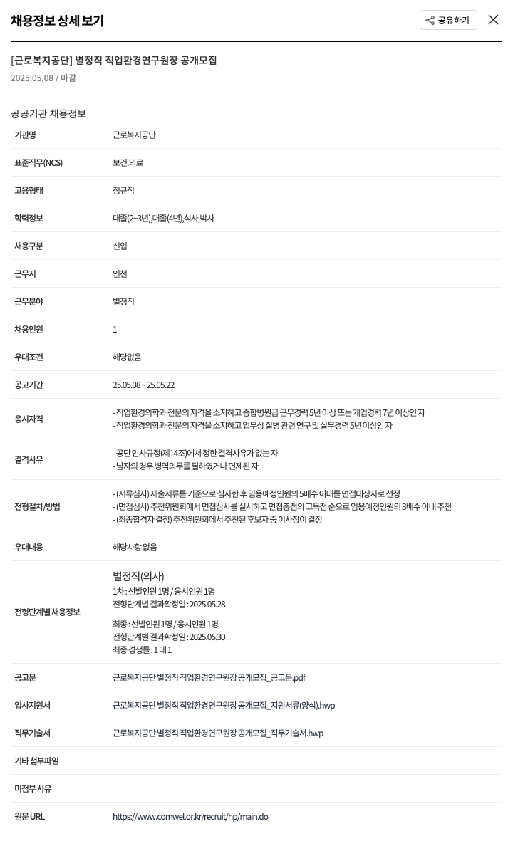 근로복지공단 별정직 직업환경연구원장 공개 모집 채용공고
