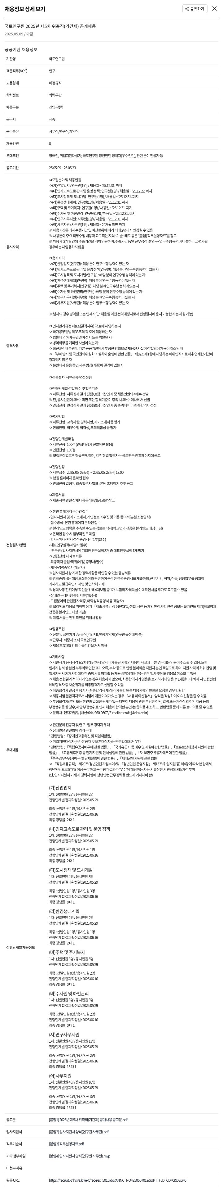 국토연구원 2025년 제5차 위촉직(기간제) 공개 채용 채용공고