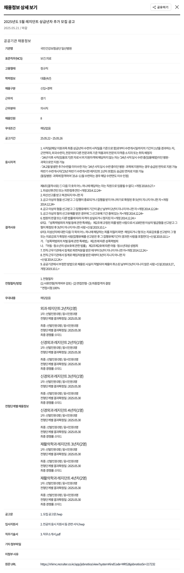국민건강보험공단일산병원 2025년도 5월 레지던트 상급 년차 추가 모집 공고 채용공고