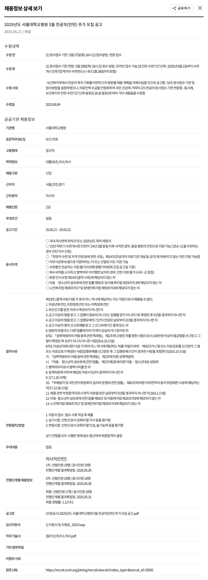 서울대학교병원 2025년도 서울대학교병원 5월 전공의(인턴) 추가 모집 공고 채용공고