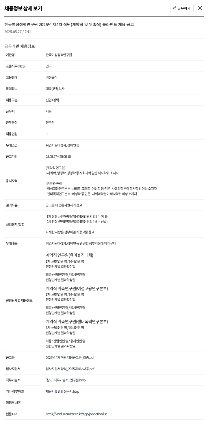 한국여성정책연구원 2025년 제4차 직원(계약직 및 위촉직) 블라인드 채용 공고 채용공고