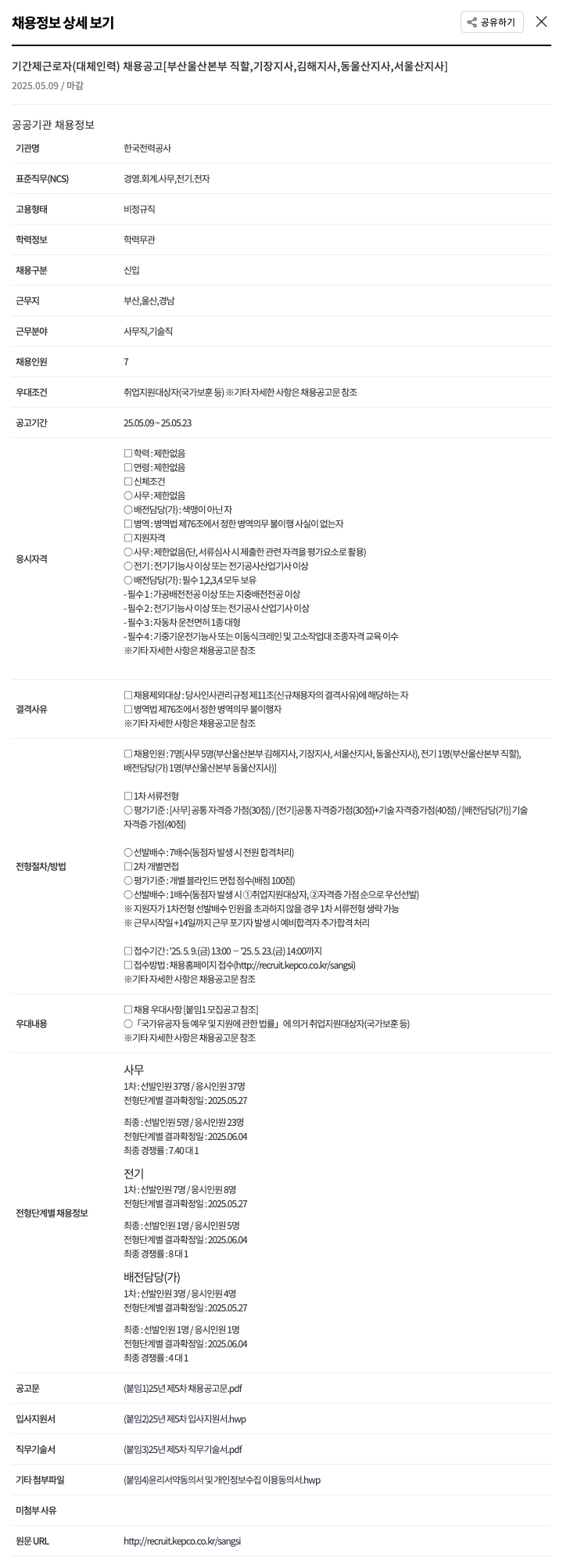 한국전력공사 기간제 근로자(대체 인력) 채용 공고 [부산울산본부 직할, 기장지사, 김해지사, 동울산지사, 서울산지사] 채용공고