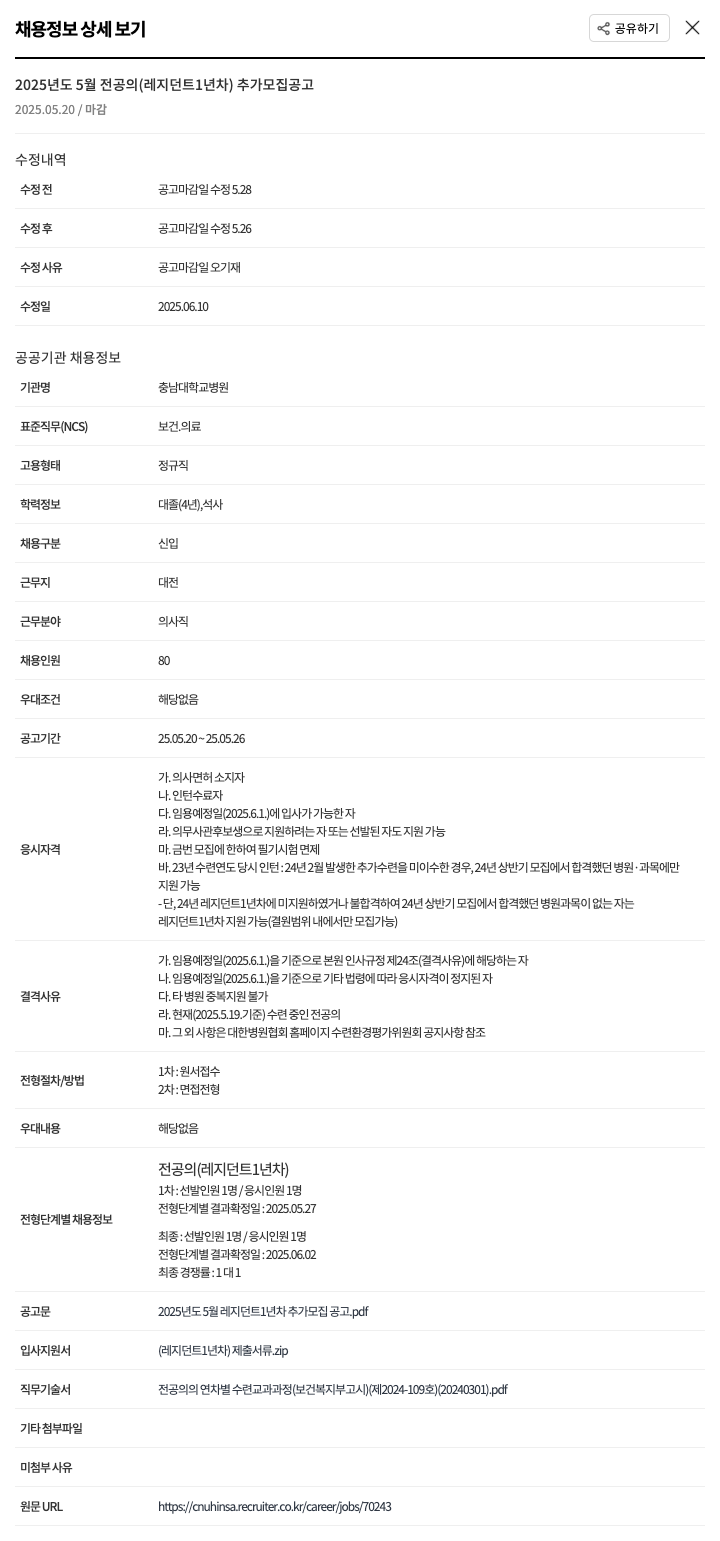 충남대학교병원 2025년도 5월 전공의(레지던트 1년차) 추가 모집 공고 채용공고