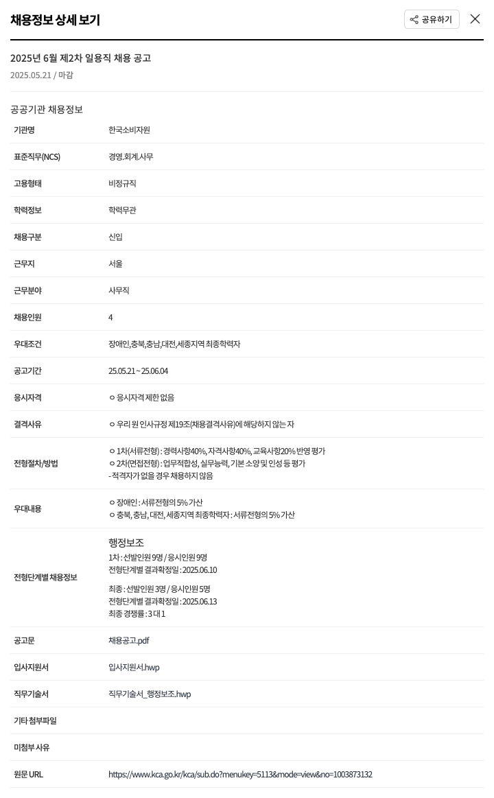 한국소비자원 2025년 6월 제2차 일용직 채용 공고 채용공고
