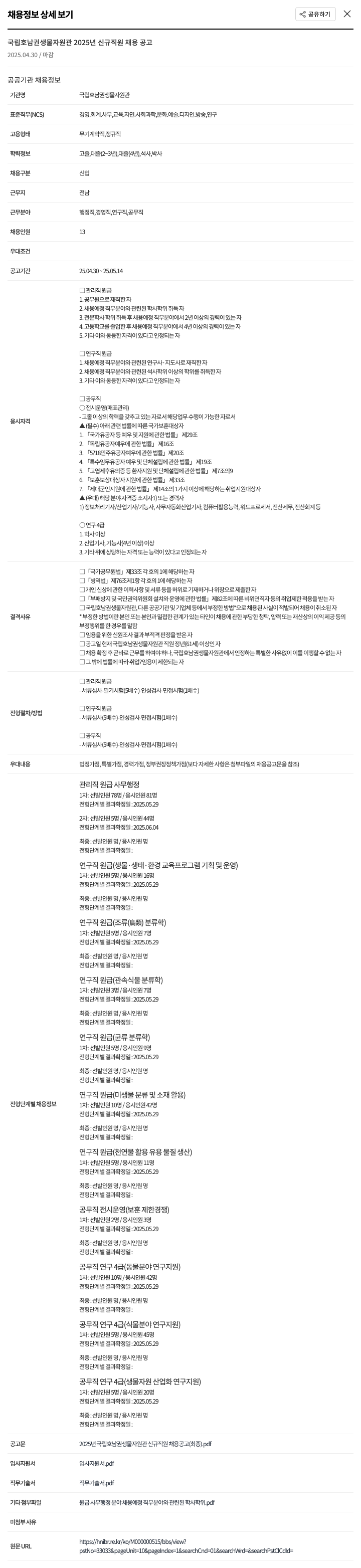 국립호남권생물자원관 2025년 신규 직원 채용 공고 채용공고