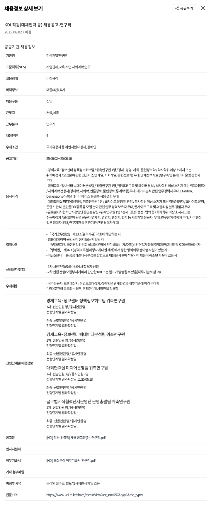 한국개발연구원 KDI 직원(대체 인력 등) 채용 공고 - 연구직 채용공고