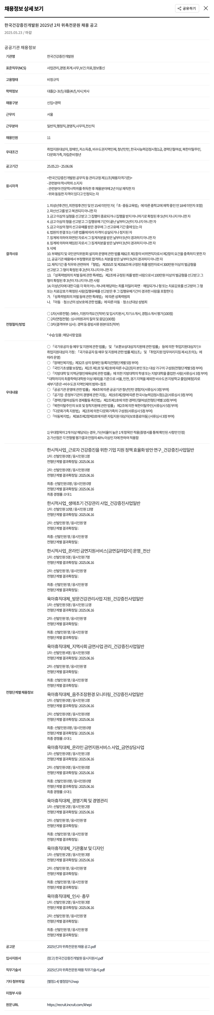 한국건강증진개발원 2025년 2차 위촉 전문원 채용 공고 채용공고