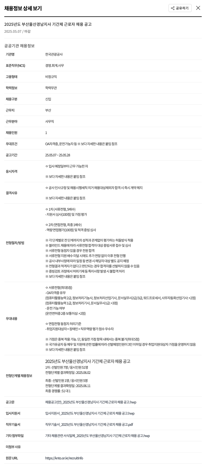 한국관광공사 2025년도 부산 울산 경남 지사 기간제 근로자 채용 공고 채용공고