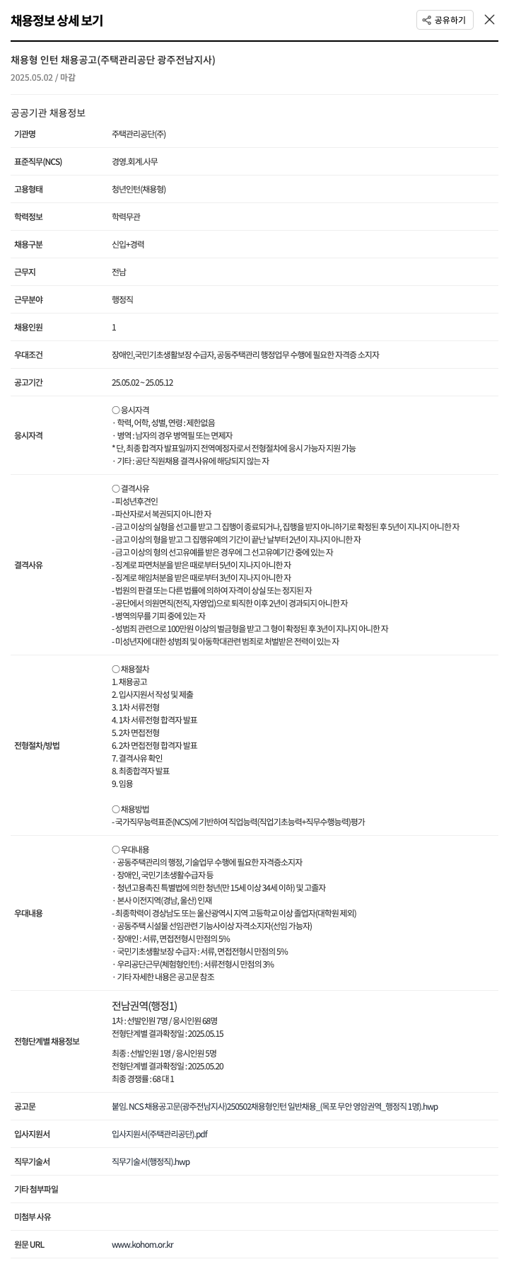 주택관리공단 채용형 인턴 채용 공고 (주택관리공단 광주전남지사) 채용공고