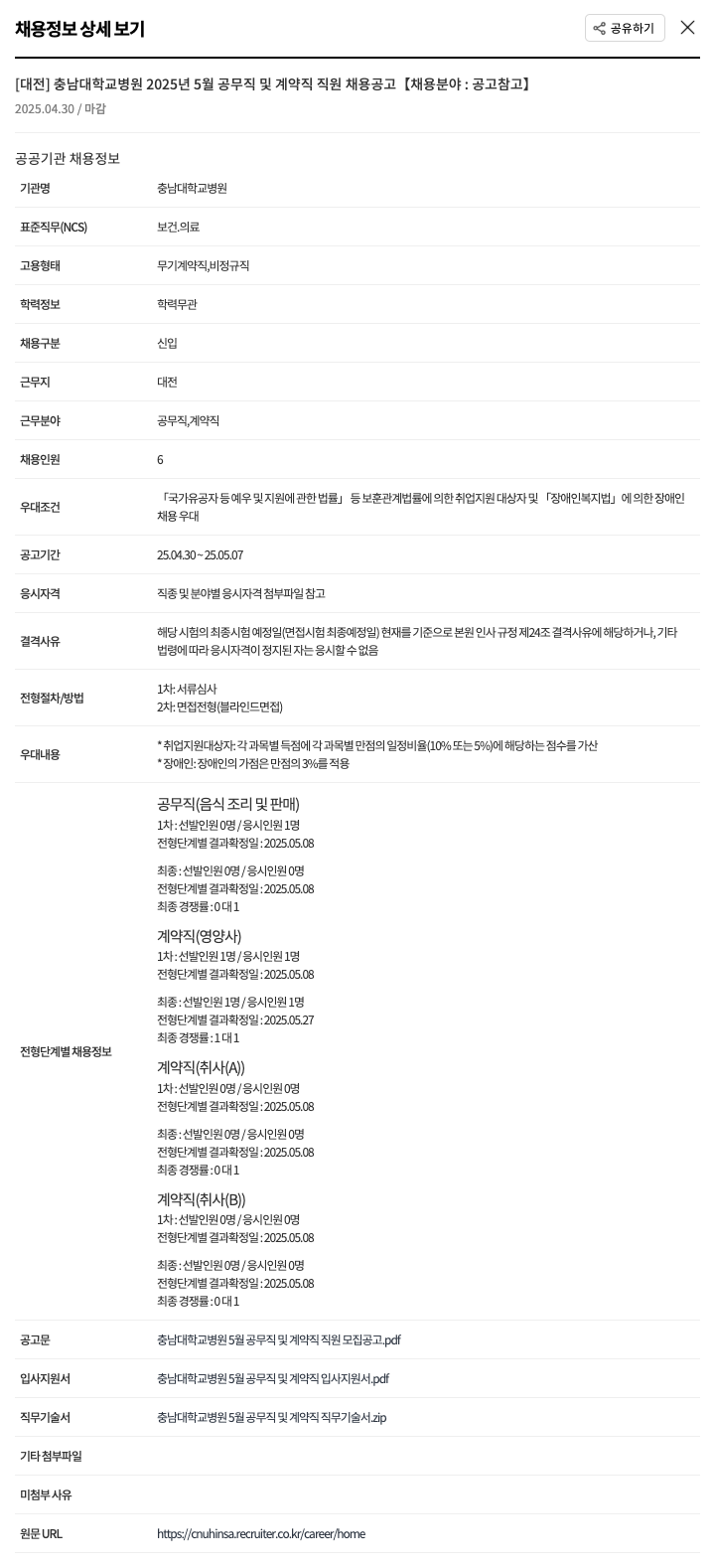 충남대학교병원 2025년 5월 공무직 및 계약직 직원 채용 공고 채용공고