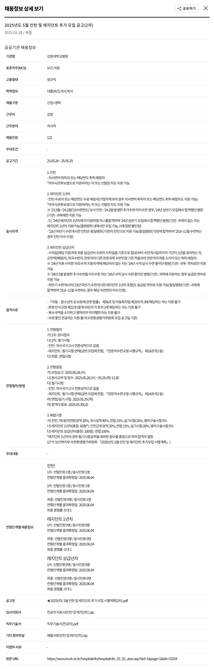 강원대학교병원 2025년도 5월 인턴 및 레지던트 추가 모집 공고 (2차) 채용공고