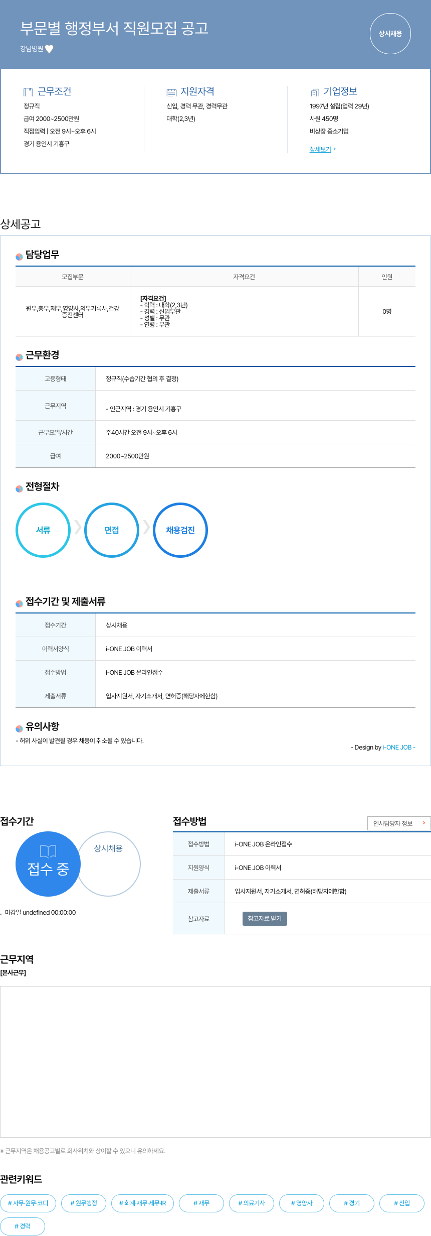 강남병원 부문 별 행정 부서 직원 모집 공고 채용공고