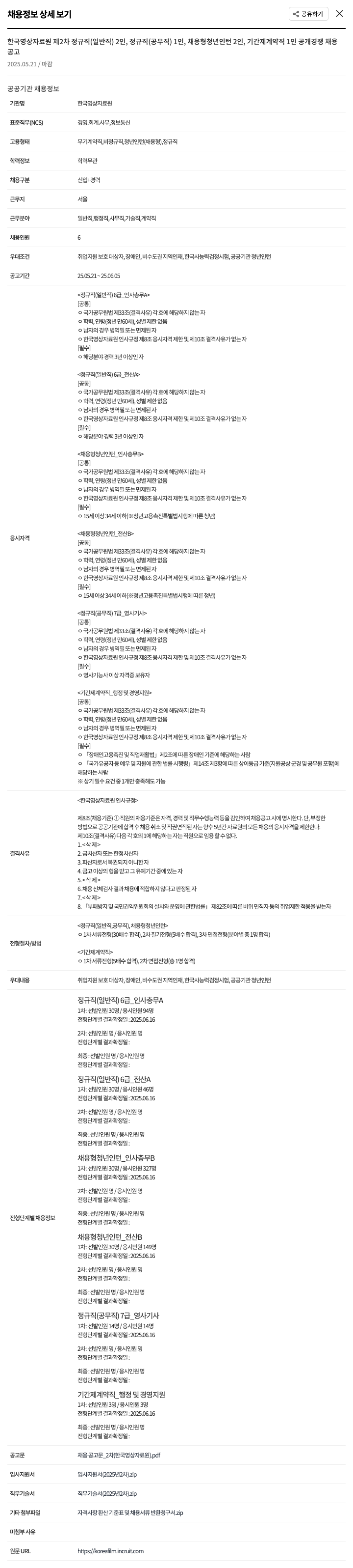 한국영상자료원 제2차 정규직(일반직) 2인, 정규직(공무직) 1인, 채용형 청년인턴 2인, 기간제 계약직 1인 공개경쟁채용 채용공고