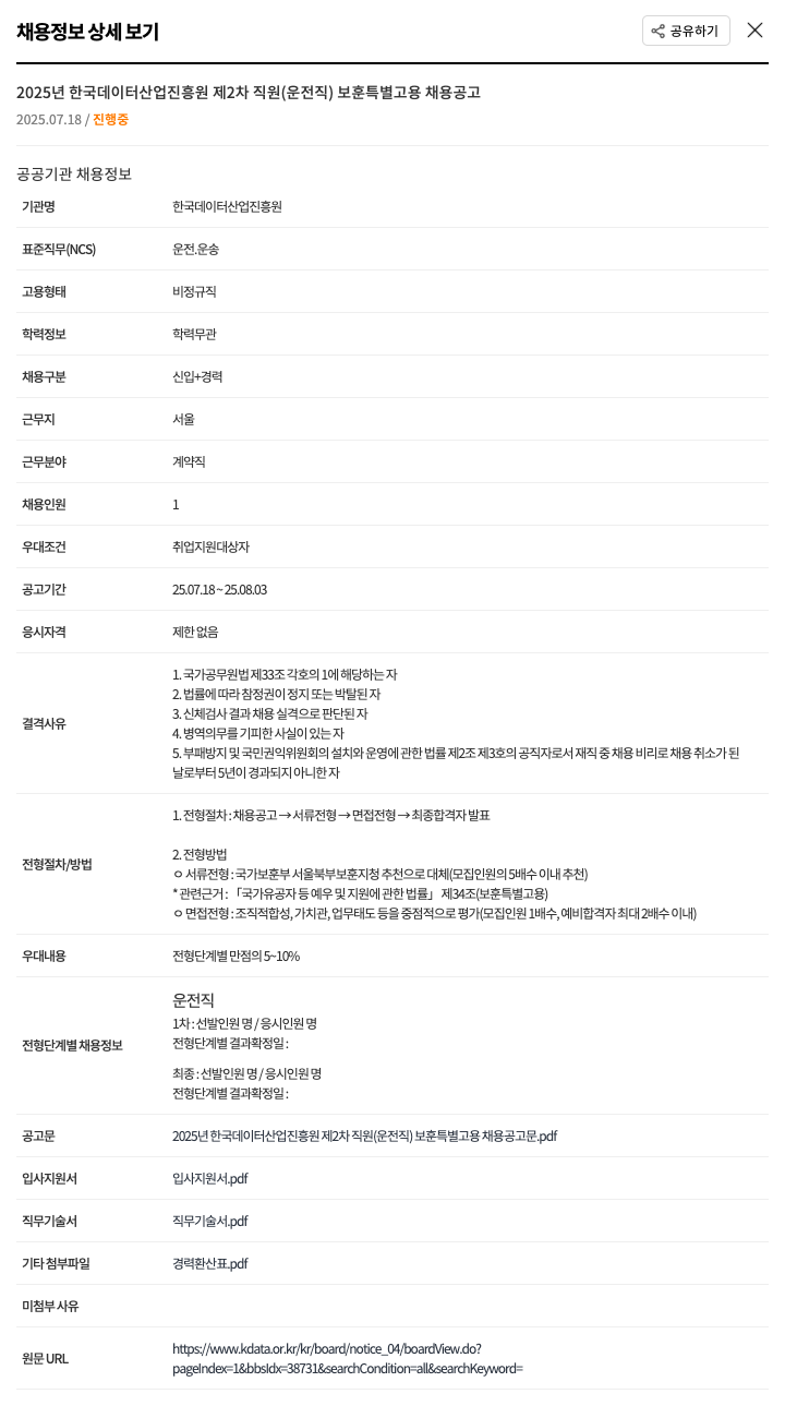 한국데이터산업진흥원 2025년 한국데이터산업진흥원 제2차 직원(운전직) 보훈 특별고용 채용공고 채용공고