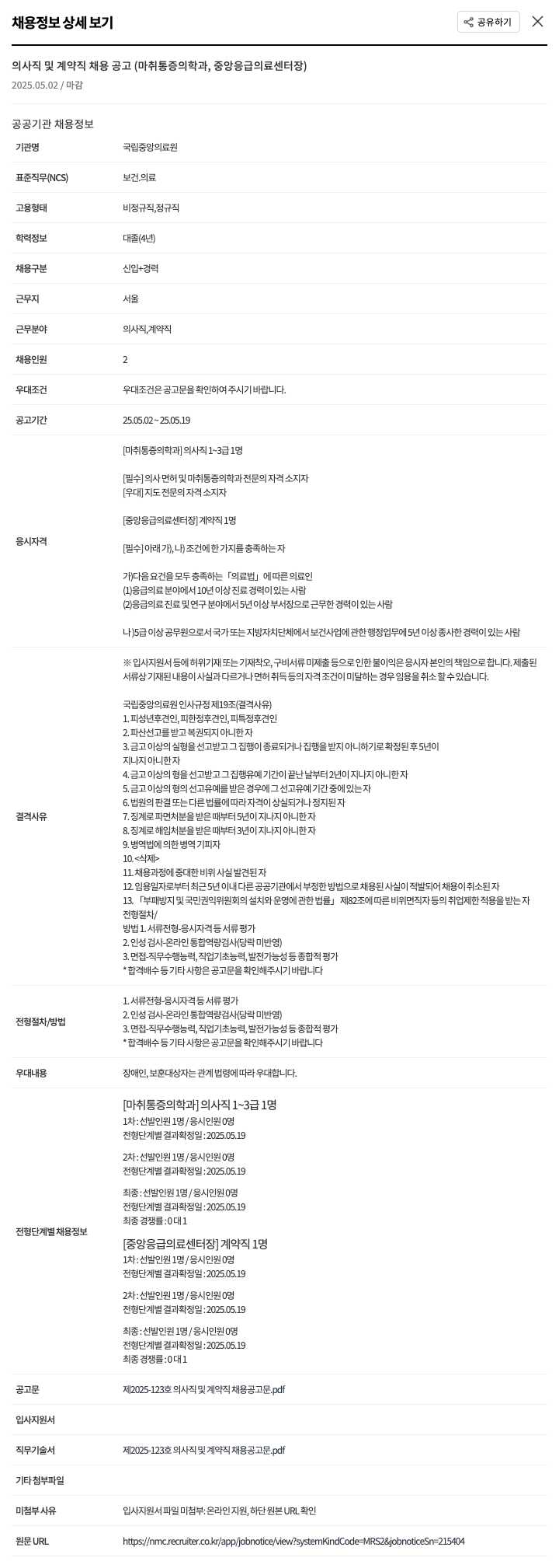 국립중앙의료원 의사직 및 계약직 채용 공고 (마취통증의학과, 중앙응급의료센터장) 채용공고