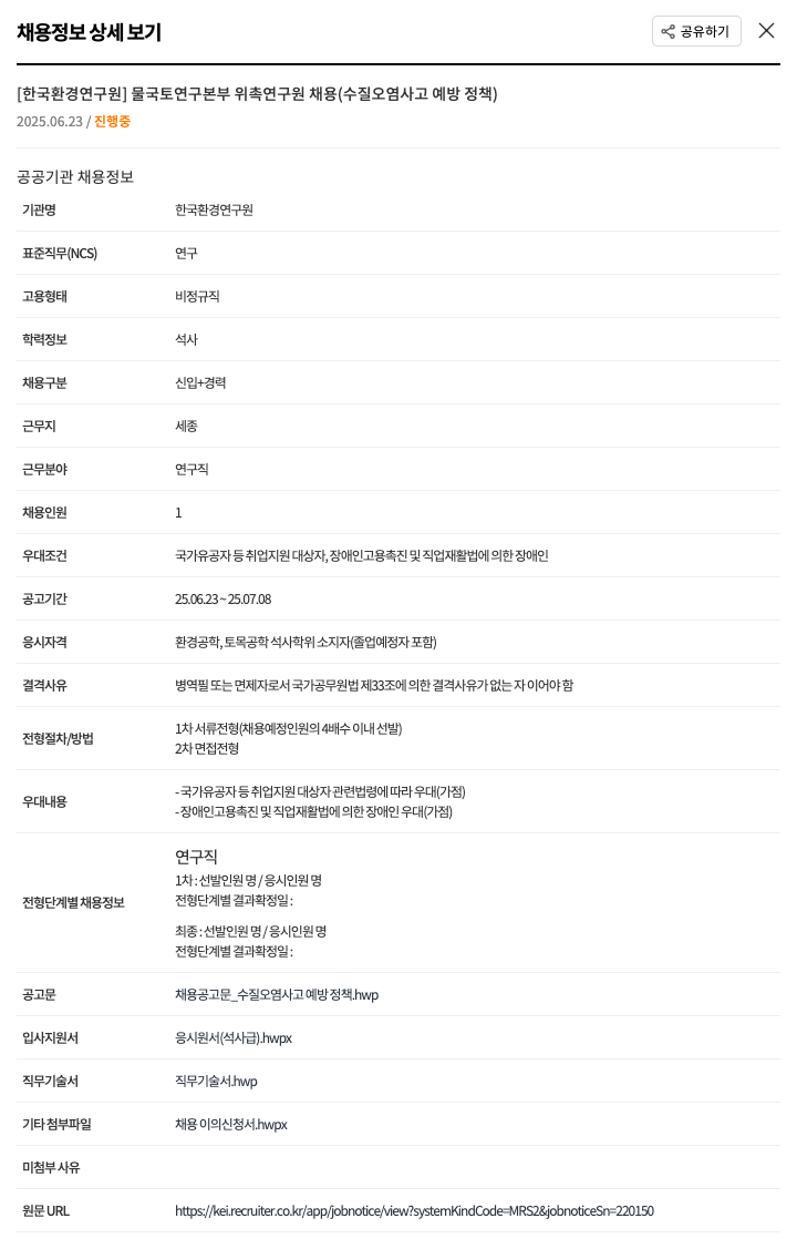 한국환경연구원 물국토연구본부 위촉연구원 채용(수질오염사고 예방 정책) 채용공고