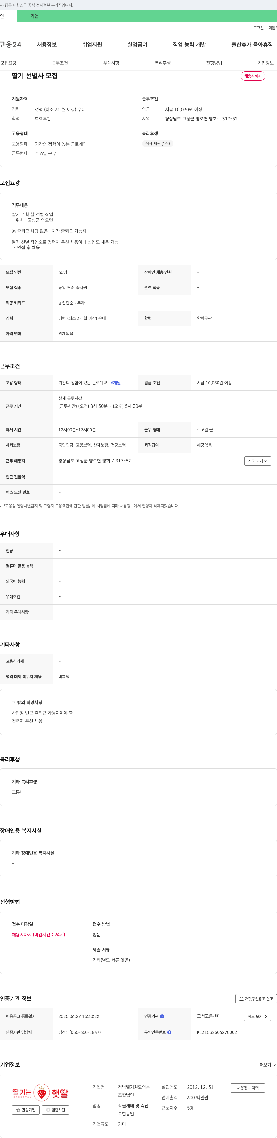 경남딸기원묘영농 딸기 선별 사 모집 채용공고