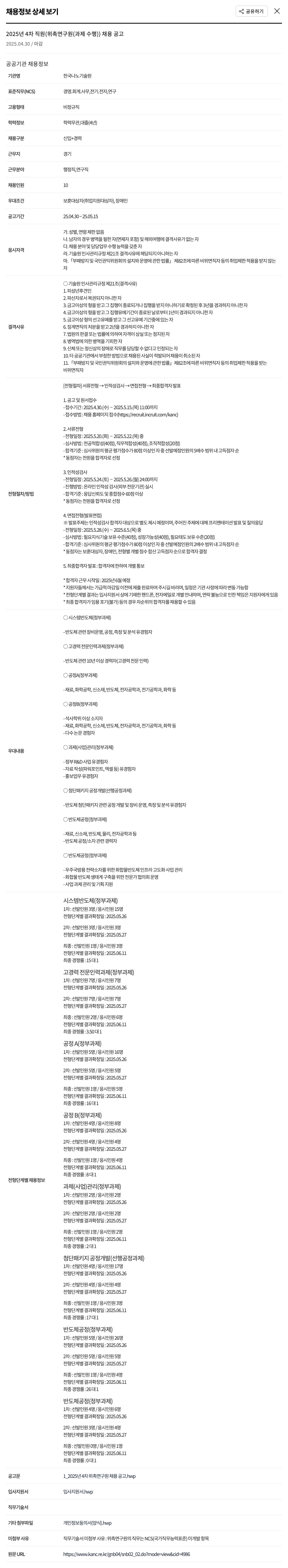 한국나노기술원 2025년 4차 직원(위촉연구원(과제수행)) 채용 공고 채용공고