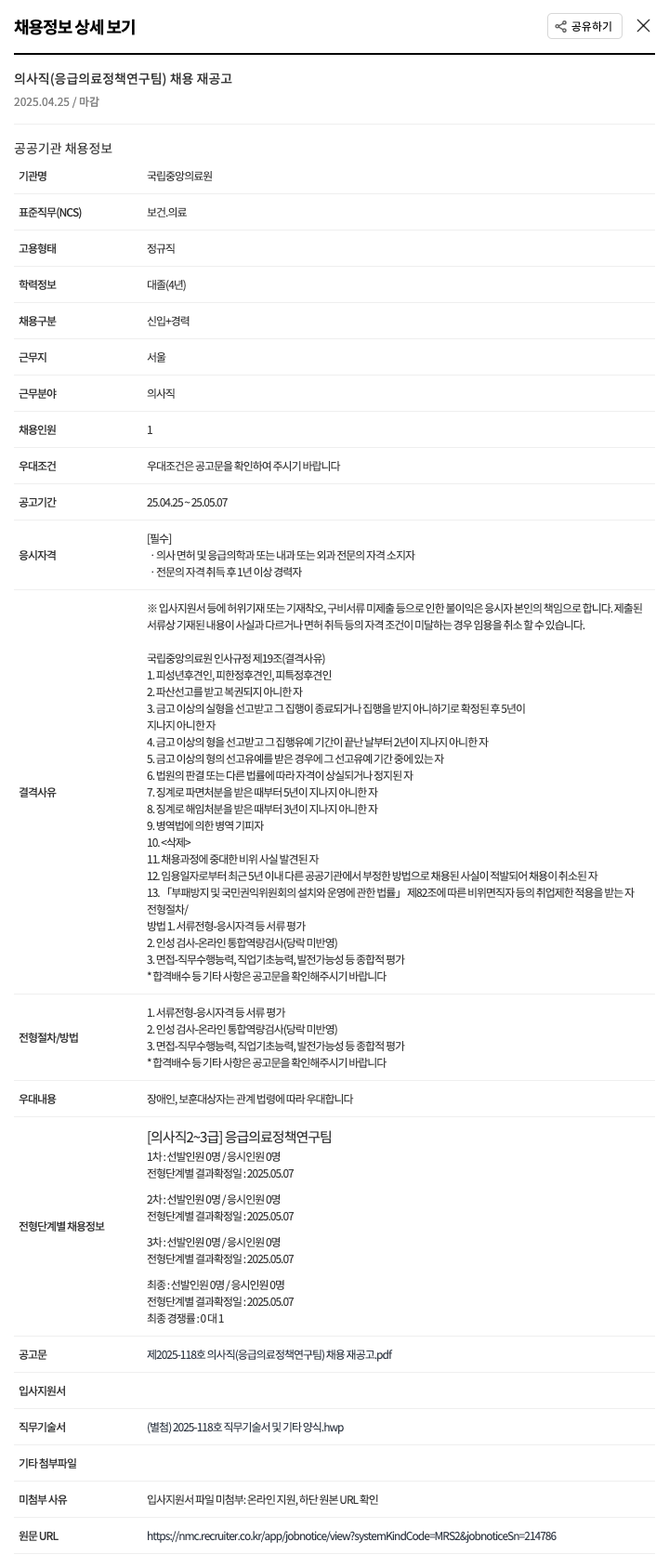 국립중앙의료원 의사직 (응급의료정책연구팀) 채용 재공고 채용공고