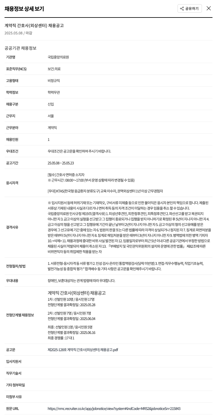 국립중앙의료원 계약직 간호사 (외상 센터) 채용 공고 채용공고