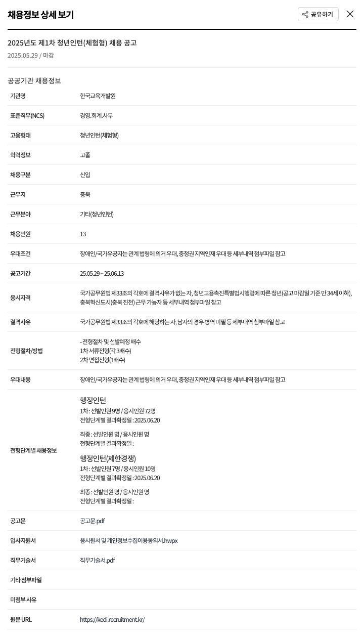 한국교육개발원 2025년도 제1차 청년 인턴(체험형) 채용 공고 채용공고