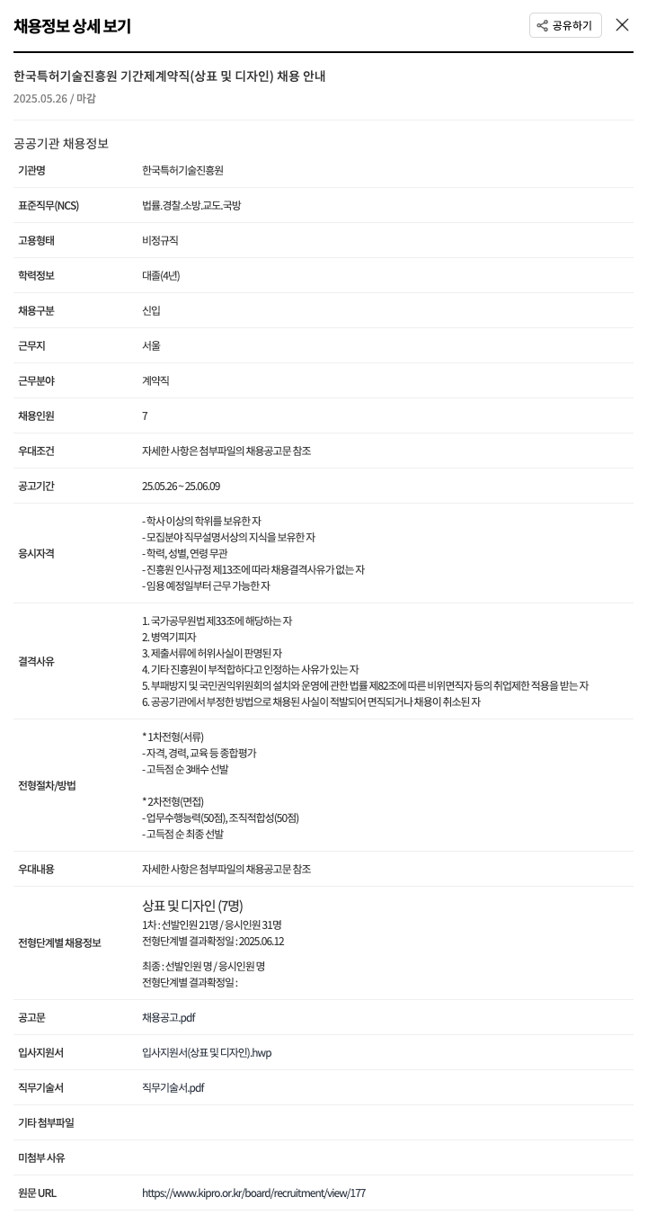한국특허기술진흥원 기간제 계약직(상표 및 디자인) 채용 안내 채용공고