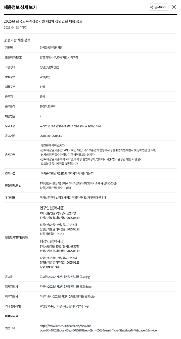 한국교육과정평가원 2025년 제2차 청년 인턴 채용 공고 채용공고