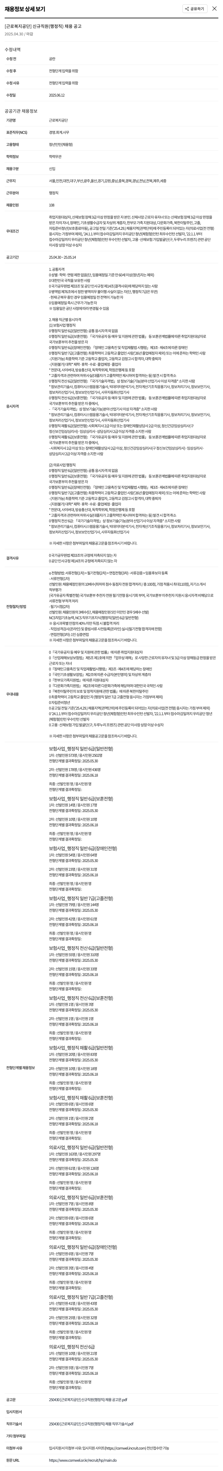 근로복지공단 신규 직원(행정직) 채용 공고 채용공고