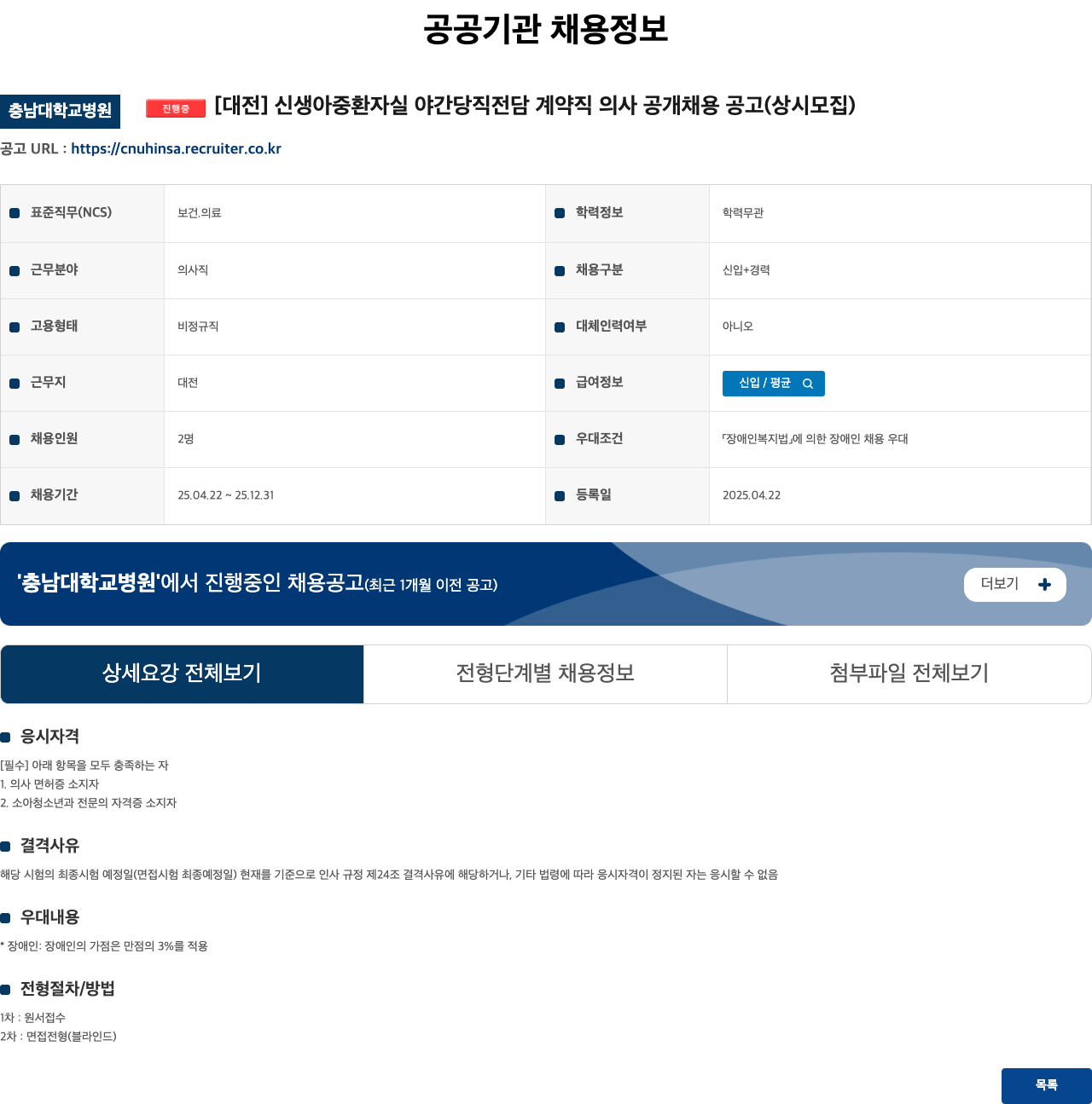 충남대학교병원 신생아 중환자실 야간 당직 전담 계약직 의사 공개 채용 공고 (상시 모집) 채용공고