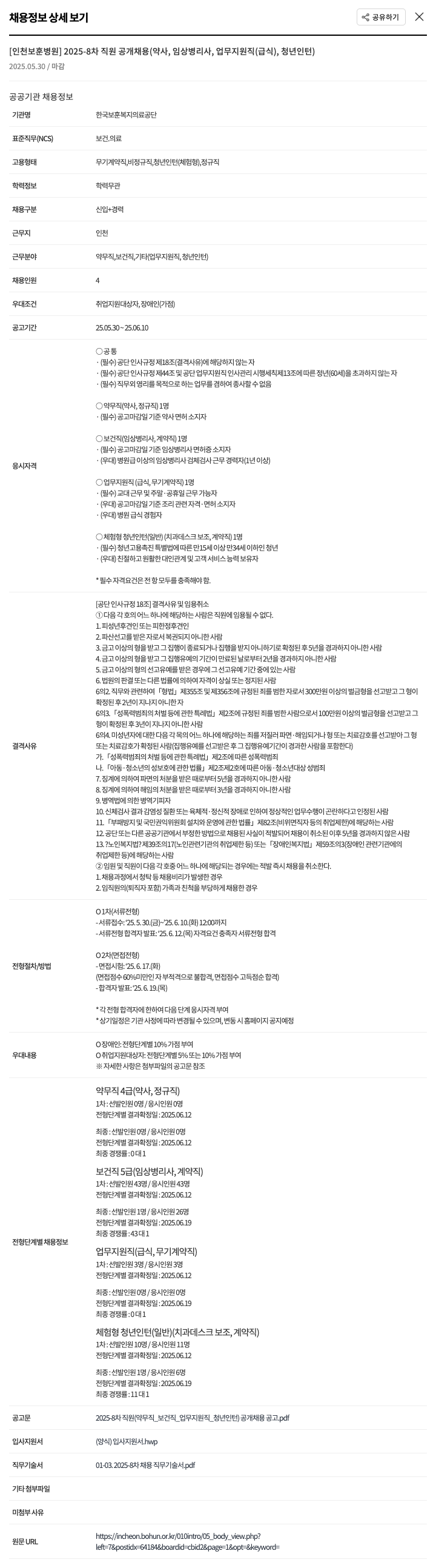 한국보훈복지의료공단 2025-8차 직원 공개 채용 (약사, 임상병리사, 업무지원직(급식), 청년인턴) 채용공고