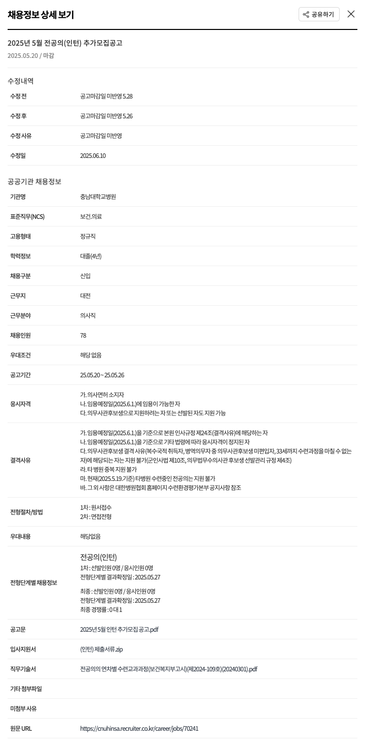 충남대학교병원 2025년 5월 전공의(인턴) 추가 모집 공고 채용공고