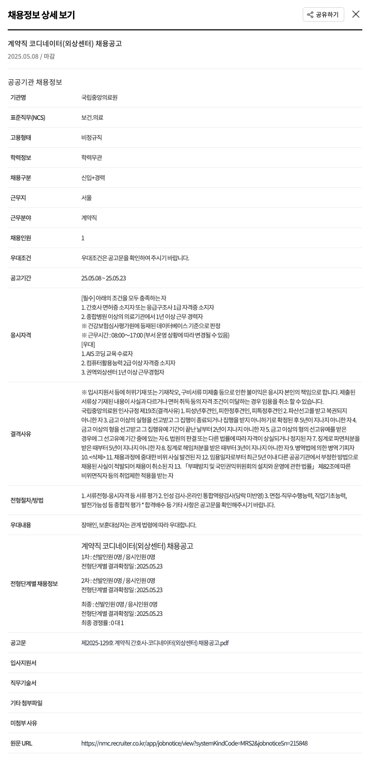 국립중앙의료원 계약직 코디네이터 (외상 센터) 채용 공고 채용공고