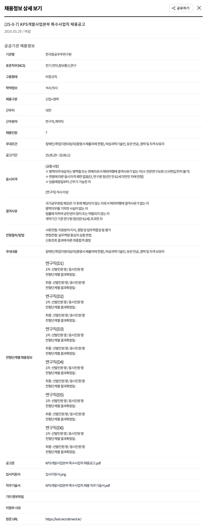 한국항공우주연구원 KPS 개발 사업 본부 특수 사업 직 채용 공고 채용공고