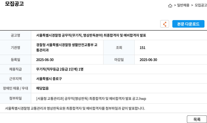 서울특별시경찰청 서울 특별시 경찰청 공무직(무기직, 영상 판독 분야) 최종 합격자 및 예비 합격자 발표 채용공고