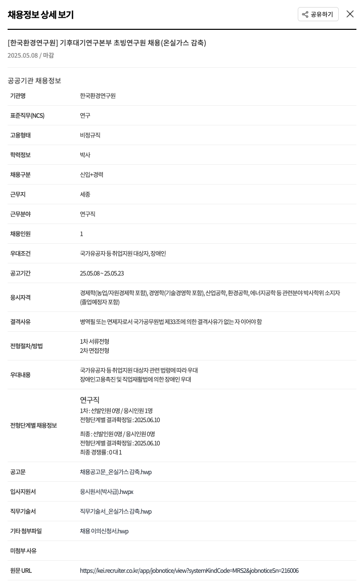 한국환경연구원 기후대기연구본부 초빙연구원 채용 (온실가스 감축) 채용공고