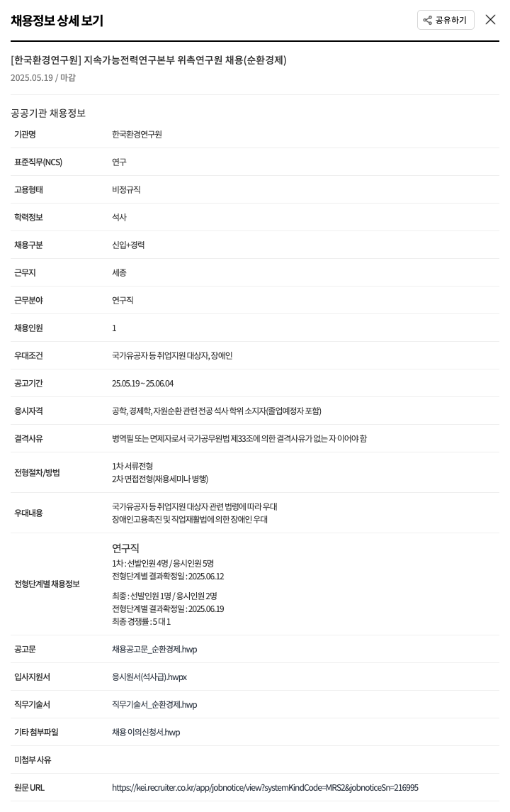 한국환경연구원 지속 가능 전력 연구 본부 위촉 연구원 채용 (순환 경제) 채용공고