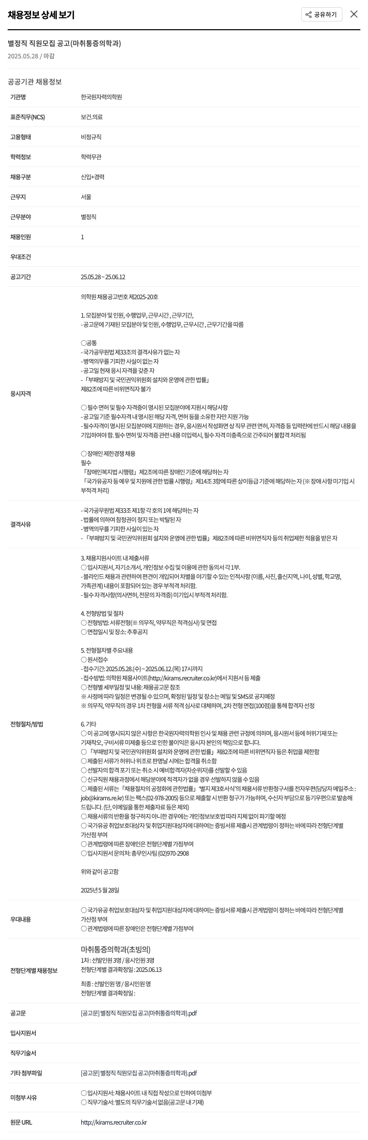 한국원자력의학원 별정직 직원 모집 공고 (마취통증의학과) 채용공고