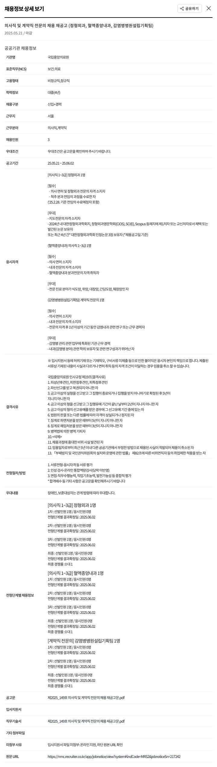 국립중앙의료원 의사직 및 계약직 전문의 채용 재공고 (정형외과, 혈액종양내과, 감염병병원 설립 기획팀) 채용공고
