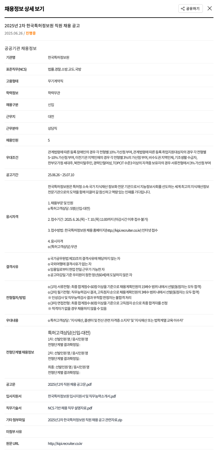 한국특허정보원 2025년 2차 한국 특허 정보원 직원 채용 공고 채용공고