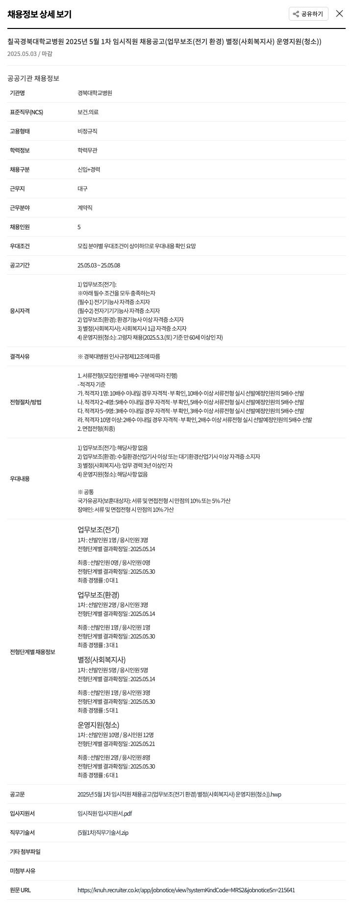 경북대학교병원 2025년 5월 1차 임시 직원 채용 공고 (업무 보조(전기/환경), 별정(사회복지사), 운영지원(청소)) 채용공고